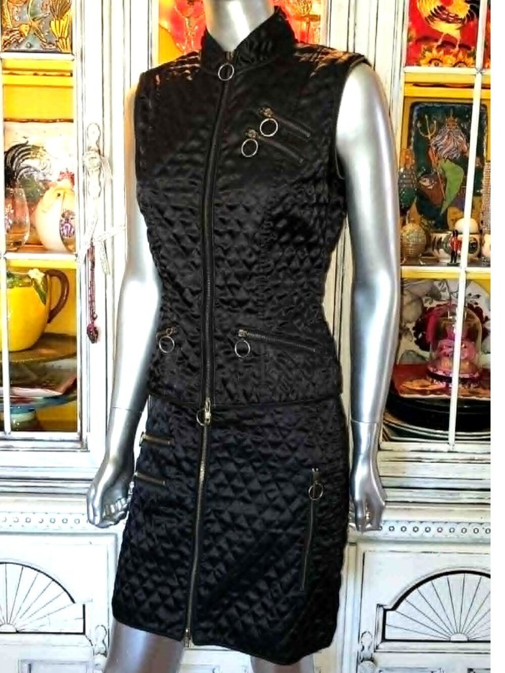 Vintage Betsey Johnson New York 90s Quilted Motorcycle Jacket / Vest Coat Skirt - Picture 11 of 16